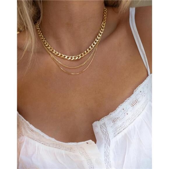 3 Gold Layered Necklaces Anastasia, 14K Gold Plated Dainty Gold Chain Choker - Picture 5 of 8